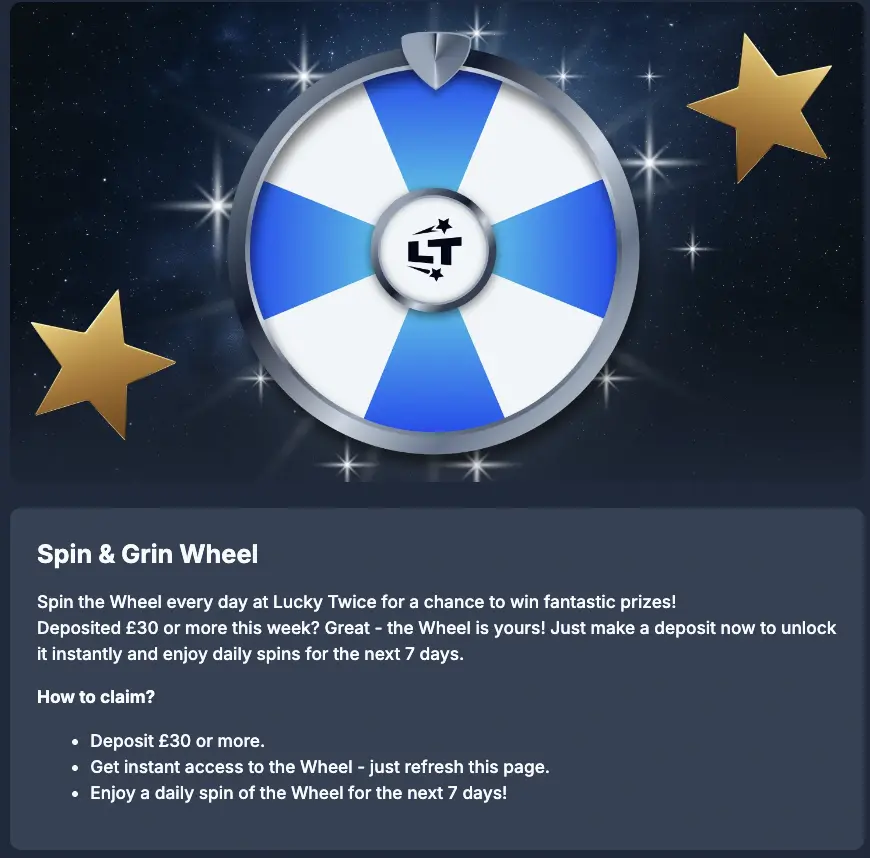 Spin & Grin Wheel promo offer - image and terms