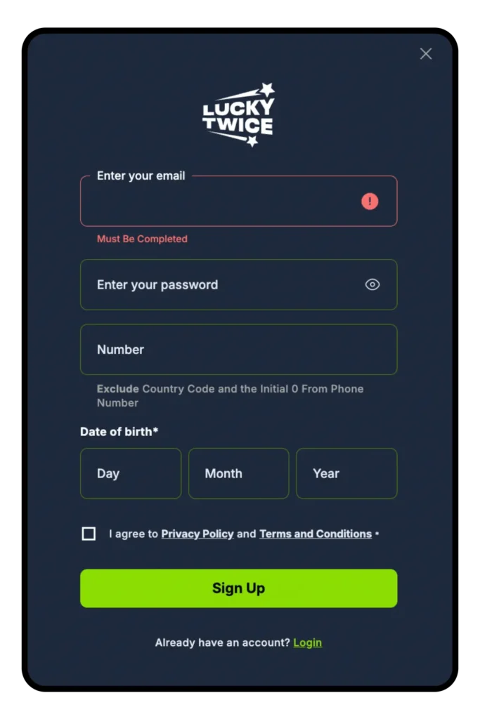 Lucky Twice Casino Account creation - screen interface