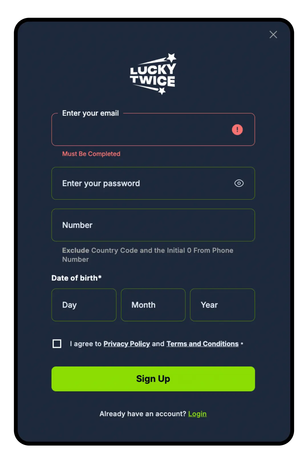 Sign up form - online interface